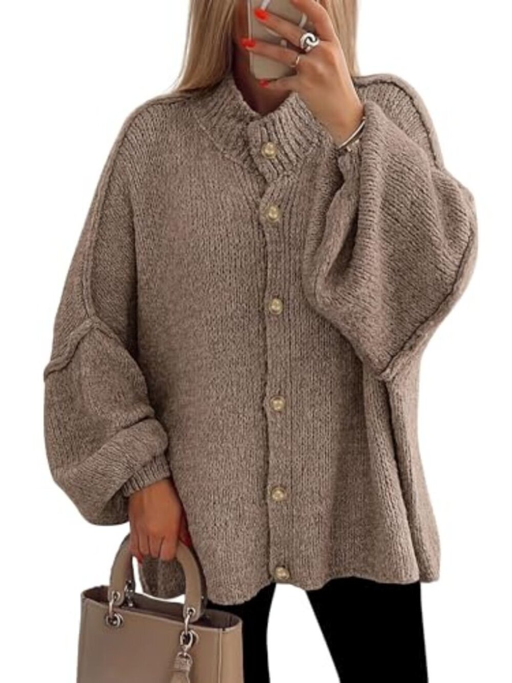 🆕 Women's Spring Button Down Cardigan Sweaters Mock Neck Lantern Long Sleeve